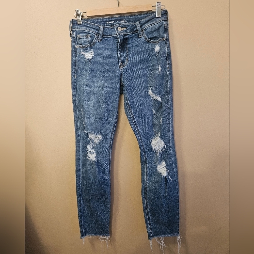Old Navy Women's Size 4 Mid Rise Rockstar Super Skinny Jeans Distressed Raw Hem